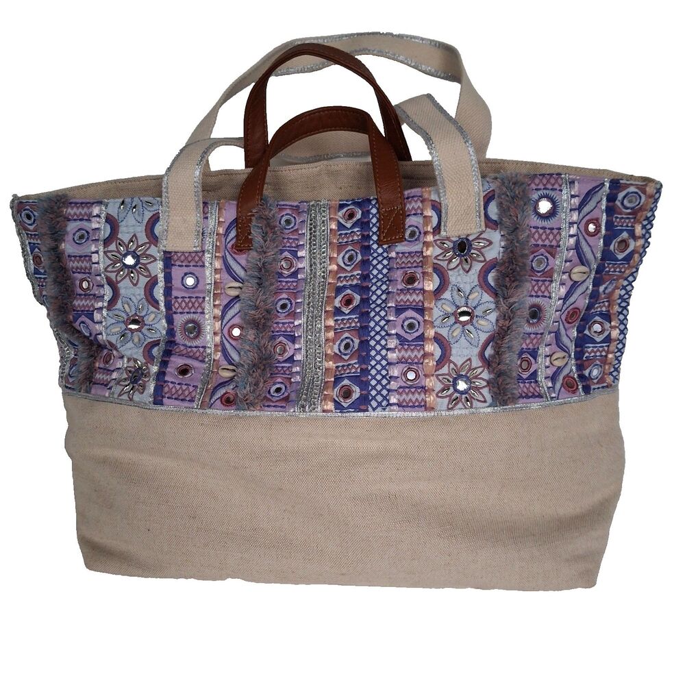 Chico's- Mosaic Print Tote Canvas Embroidered Boho, Intricate textured details
